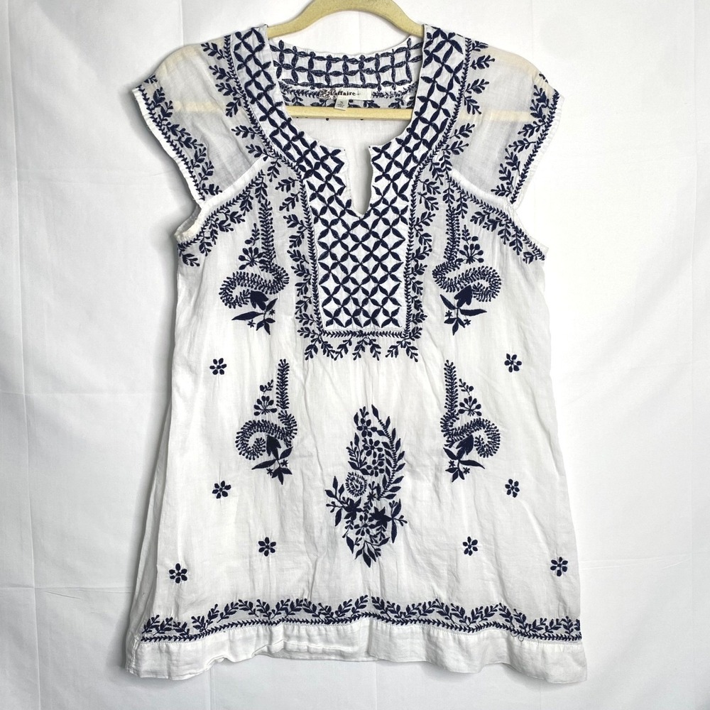 L'affaire Women White Navy Blue Embroidered Cotton Gauze Tunic Top Small Boho